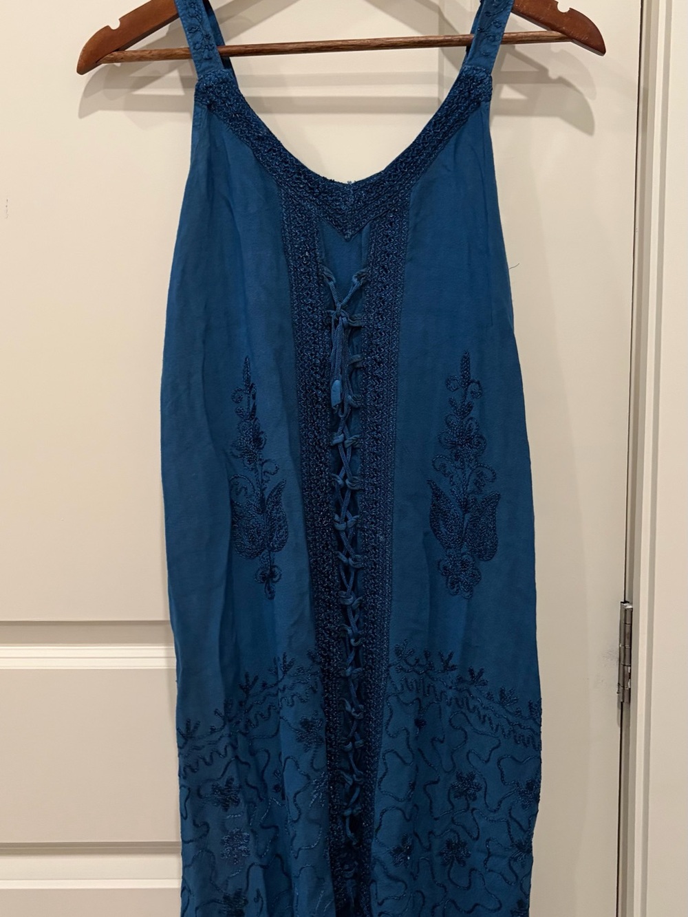 Embroidered Navy Mini Dress with Lace-Up Front